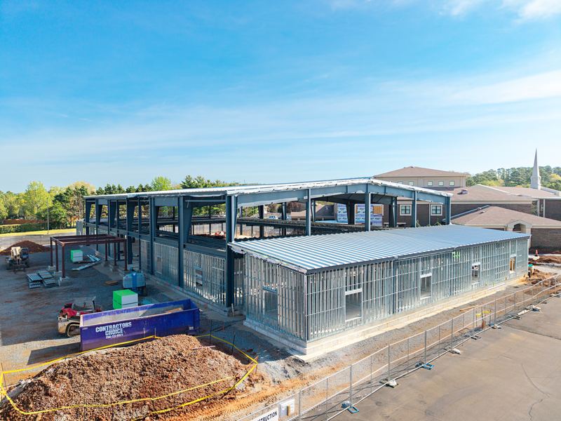 Aerial of a steel-frame building under construction