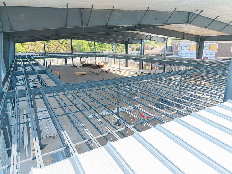 Steel framing of a new building seen from above