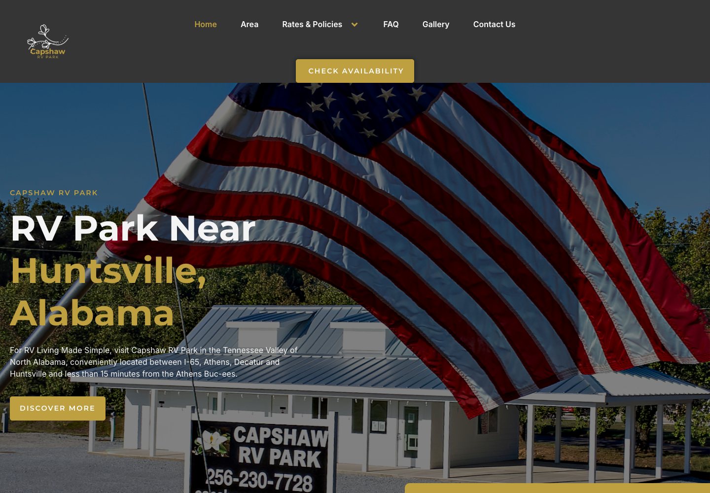 Homepage of the Capshaw RV Park website