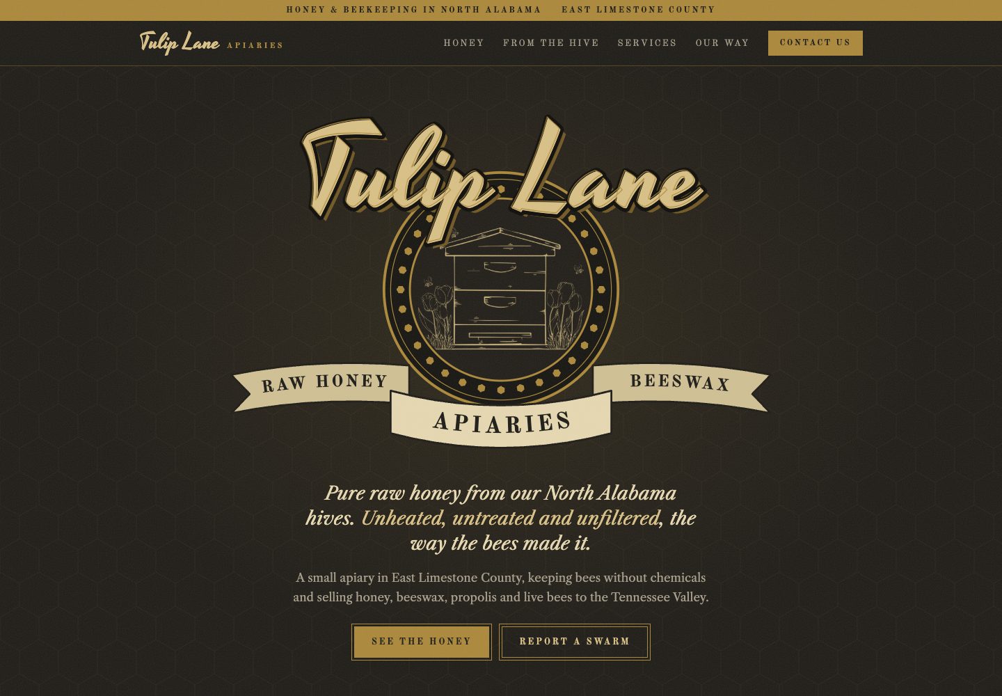Homepage of the Tulip Lane Apiaries website