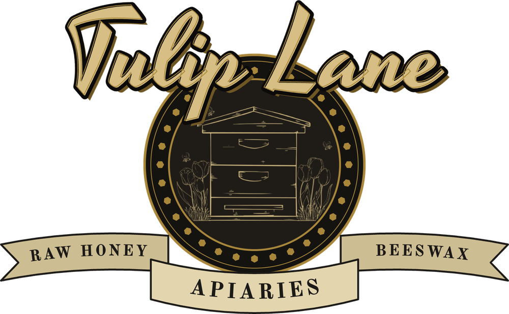Tulip Lane Apiaries badge logo with a hive medallion and ribbons