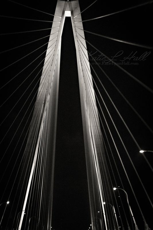Cable-stayed bridge at night, black and white
