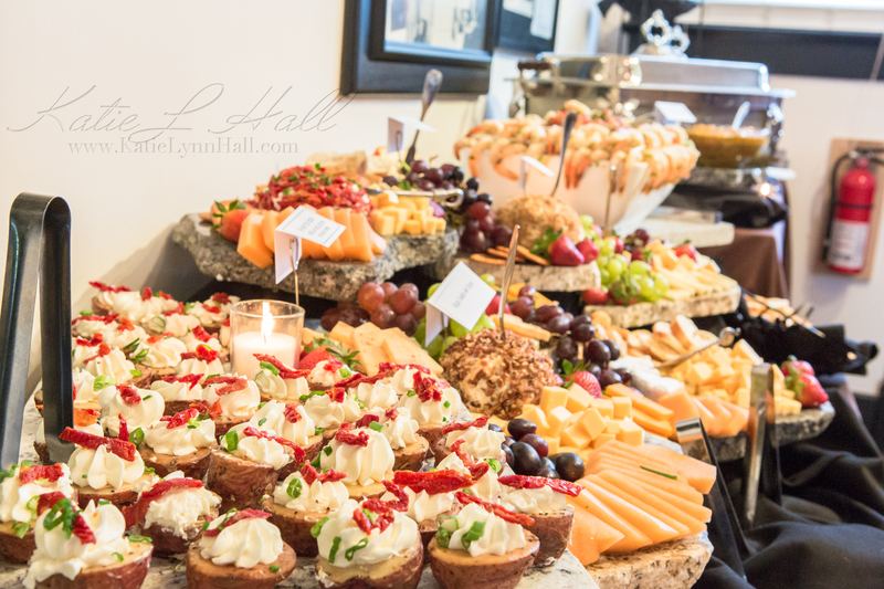 Catered dessert and fruit display at an event