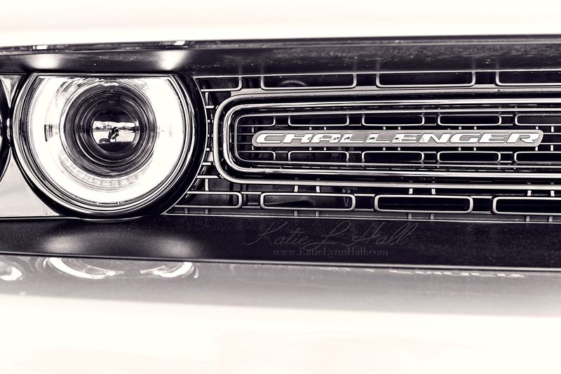 Dodge Challenger grille and headlight, black and white