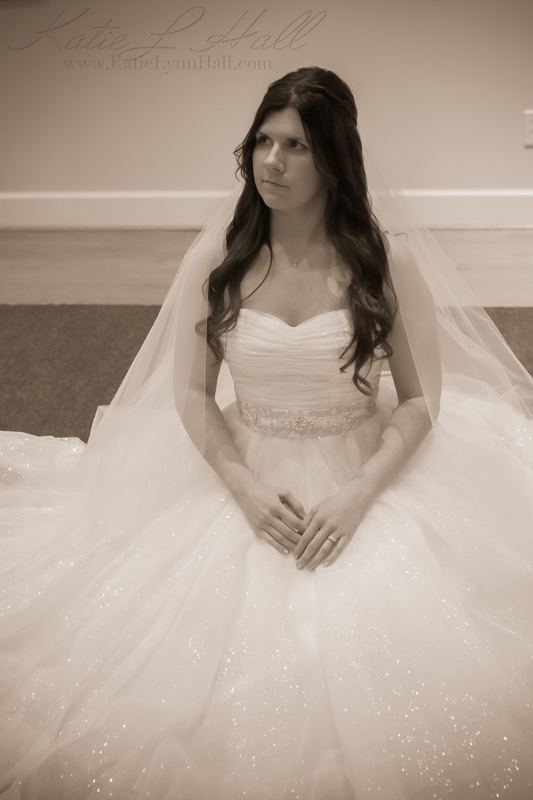 Bride in a ball gown seated, sepia portrait